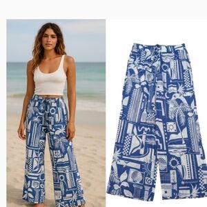 NEW $98 Haute Hippie Santorini Greece Royal Blue/white Wide-Leg Beach Pants